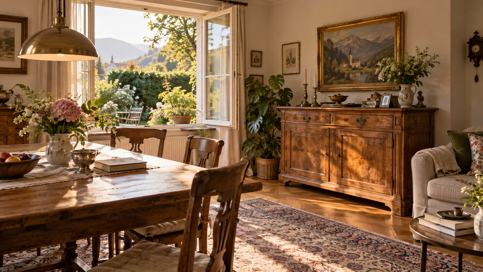 Vertrauter Wohnraum mit Holzmöbeln, Esstisch und Blick in den Garten